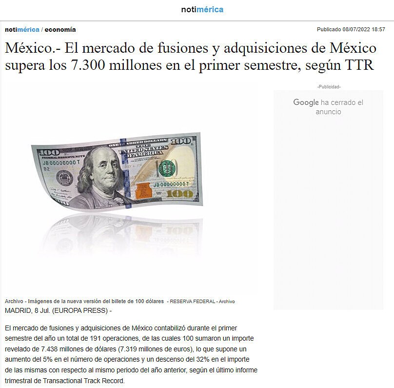 Mxico.- El mercado de fusiones y adquisiciones de Mxico supera los 7.300 millones en el primer semestre, segn TTR